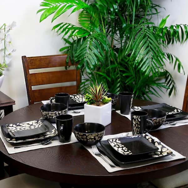 White Boa Print Plate Bowl Mug 16-Pcs Square Modern Stone Dinnerware Set Black 