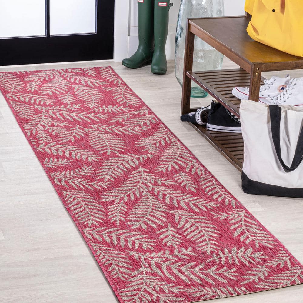 Fuchsia and Light Gray Palm Frond Synthetic Runner Rug, 2'-2" x 8'