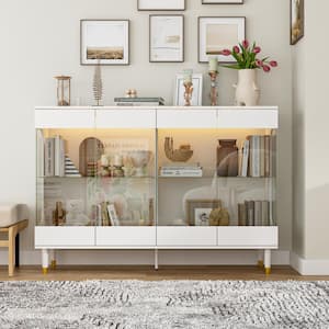 55.1 in. L White Rectangle Wood Console Table Hallway Living Room with Tempered Glass Shelves and Doors, LED Lights