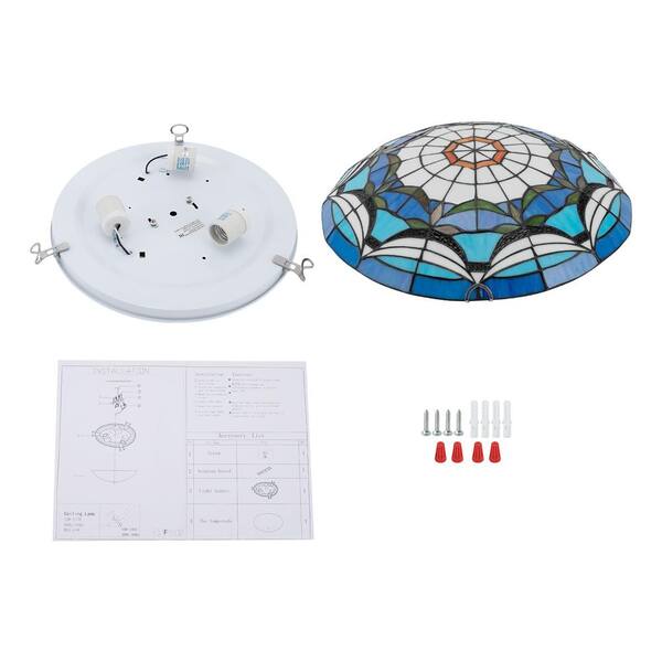 OUKANING 15.74 in. 3-Light Blue Retro Flush Mount Ceiling