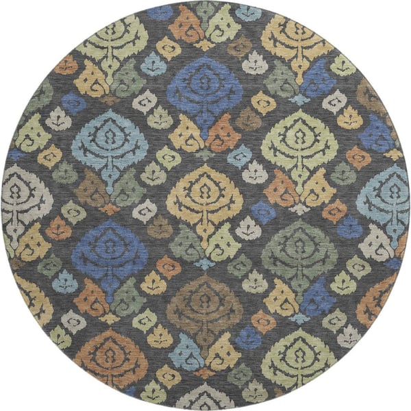 Mayfield Premium Machine Washable Abstract AMF2460 Charcoal 8 ft. x 8 ft. Round Rug