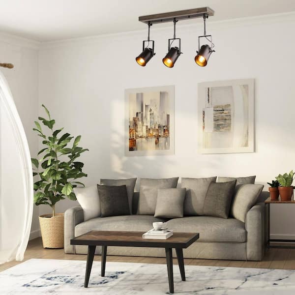 24.8 in. 3-Light Black Pine Wood Modern Farmhouse Semi-Flush Mount for Living Room Kitchen Island Linear Track Lighting