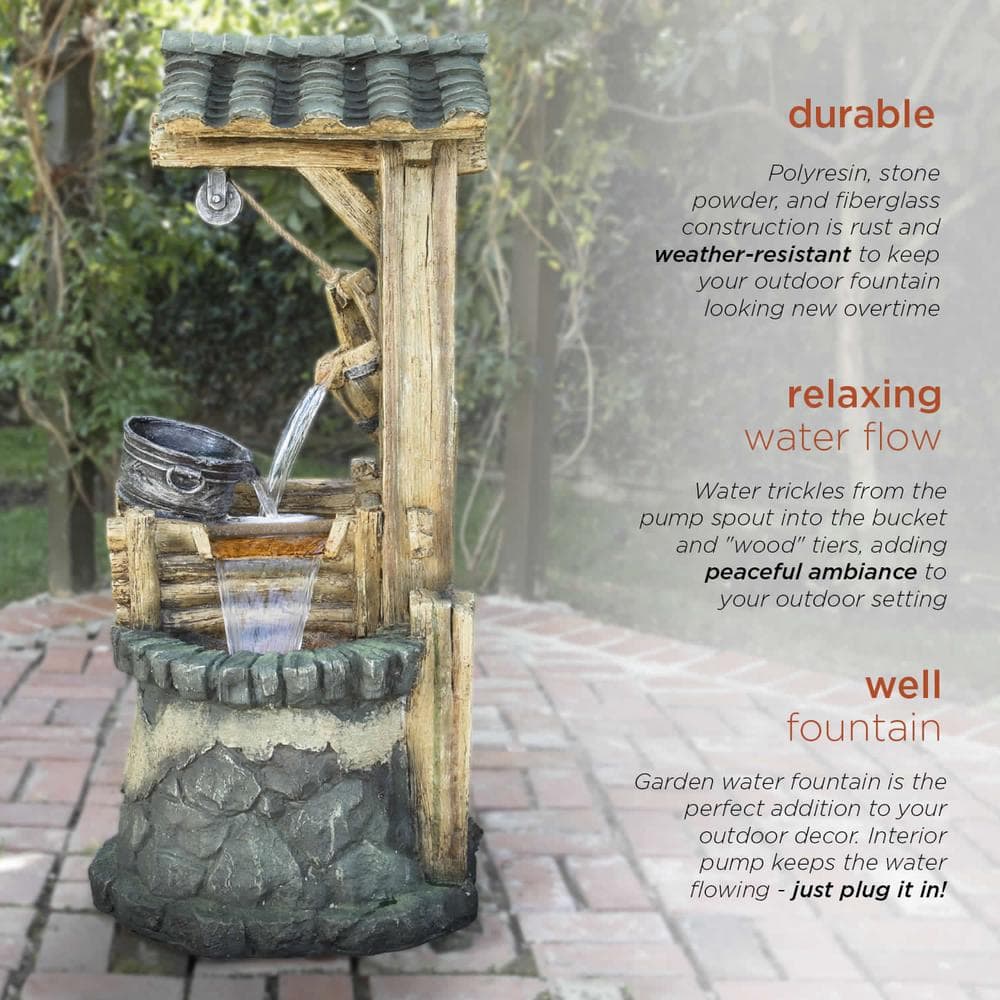 Rustic Polyresin Outdoor Water Well Fountain with LED Lights