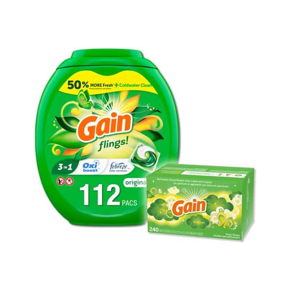 Gain Flings HE Original Scent Liquid Laundry Detergent Pods (112-Count) Plus Original Scent Dryer Sheet (240-Count) Bundle