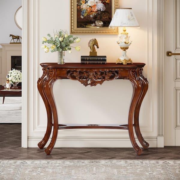 BYBLIGHT 38 in. Walnut Half-Moon Engineered Wood Antique Console Table with Hollow Floral Apron and Cabriole Legs for Entryway