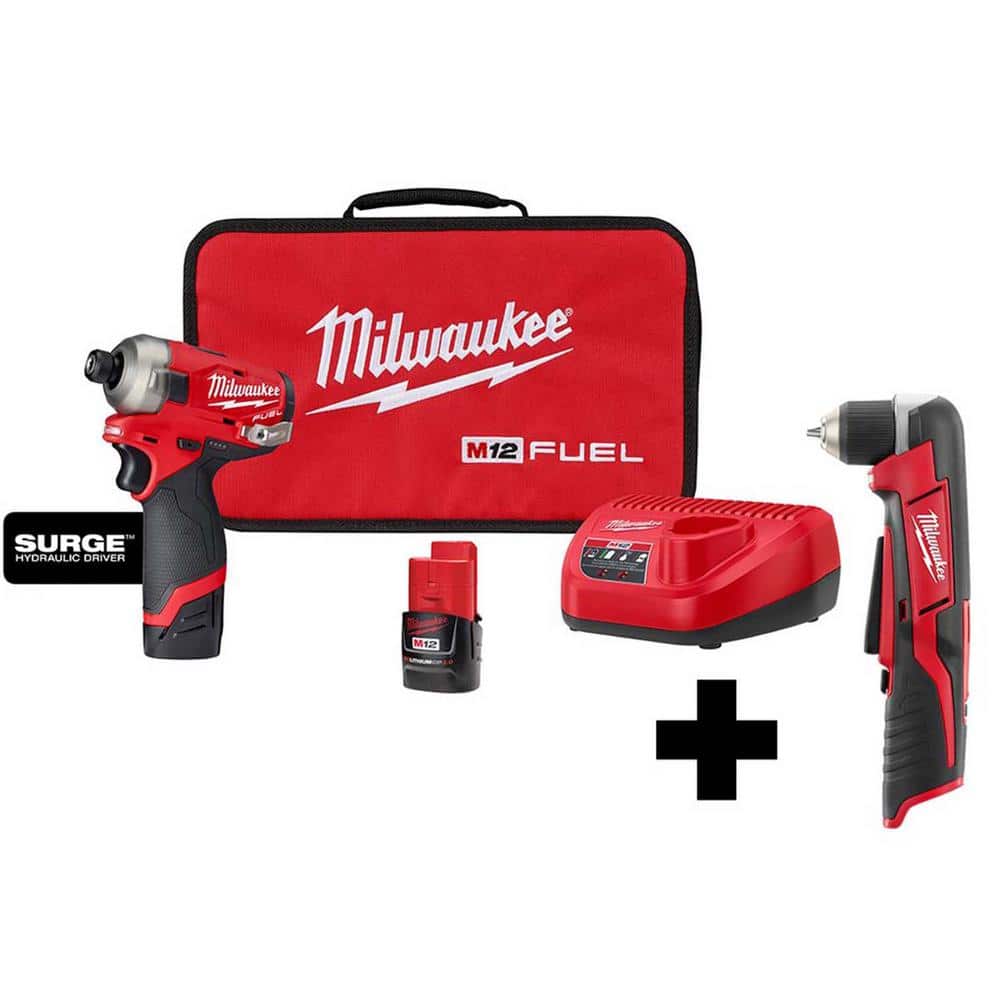 Milwaukee M12 FUEL SURGE 12V Lithium-Ion Brushless Cordless 1/4 in. Hex Impact Driver Compact Kit with M12 Right Angle Drill -  2551-22-2415