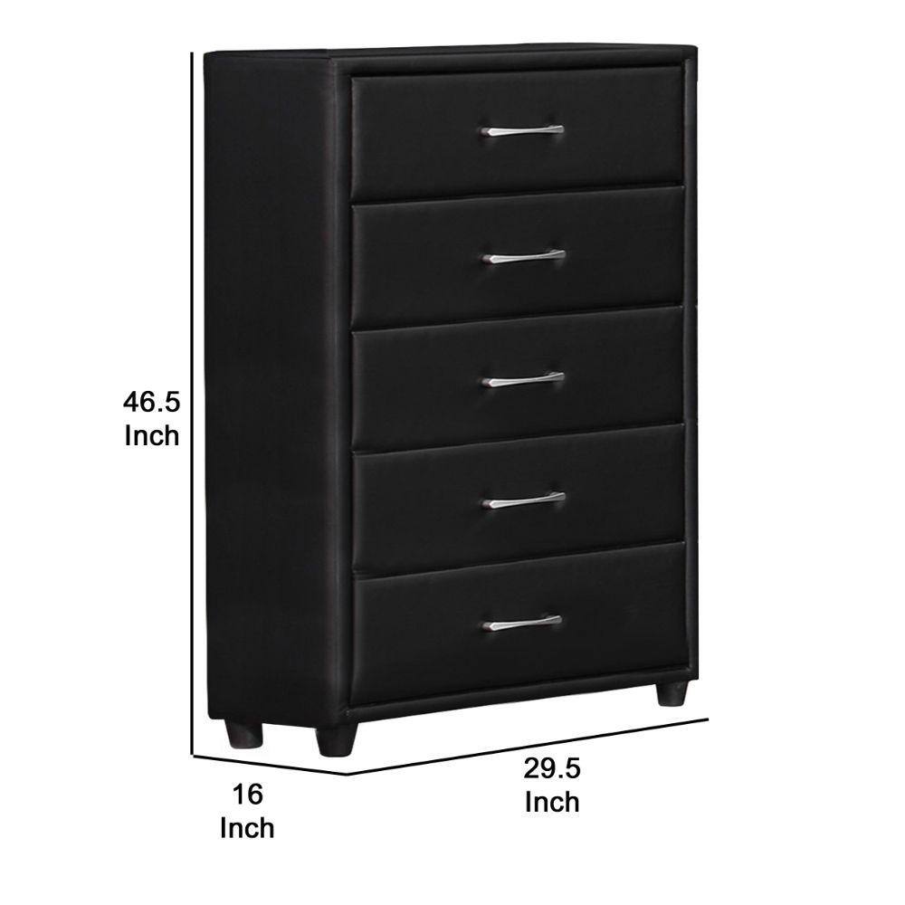 Transitional Black Faux Leather 5-Drawer Chest with Silver Pulls
