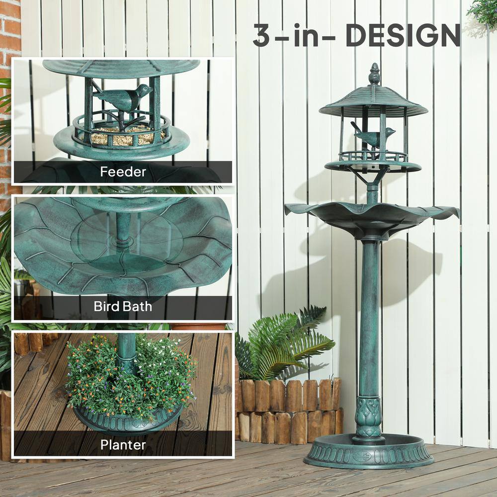 Green Plastic 3-in-1 Garden Bird Bath Bowl Pedestal with Feeder
