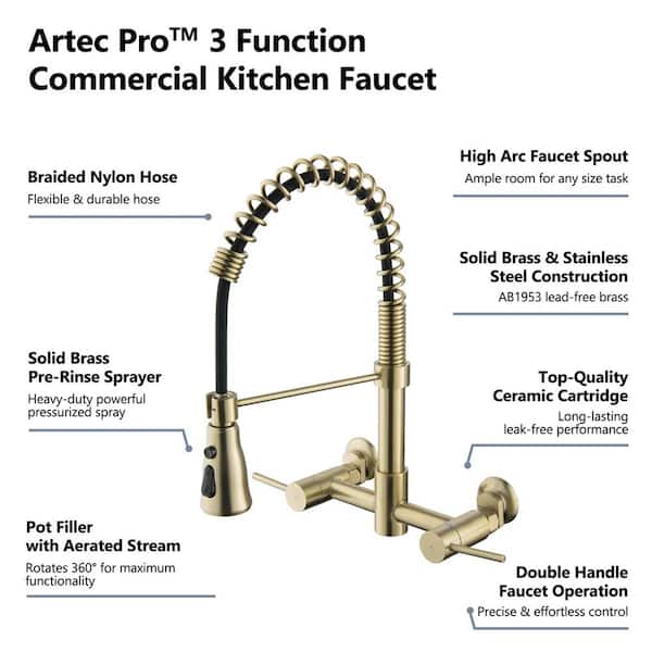 16.61 in. H Wall Mounted Double Handles Pull Down Sprayer Kitchen Faucet with 360 Degree Spout Swivel in Brushed Gold