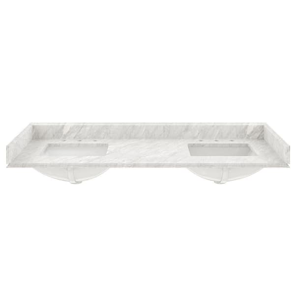 CASAINC 61 in. W x 22 in. D White Italian Carrara Natural Marble Bathroom Vanity Top in White with Double Sink