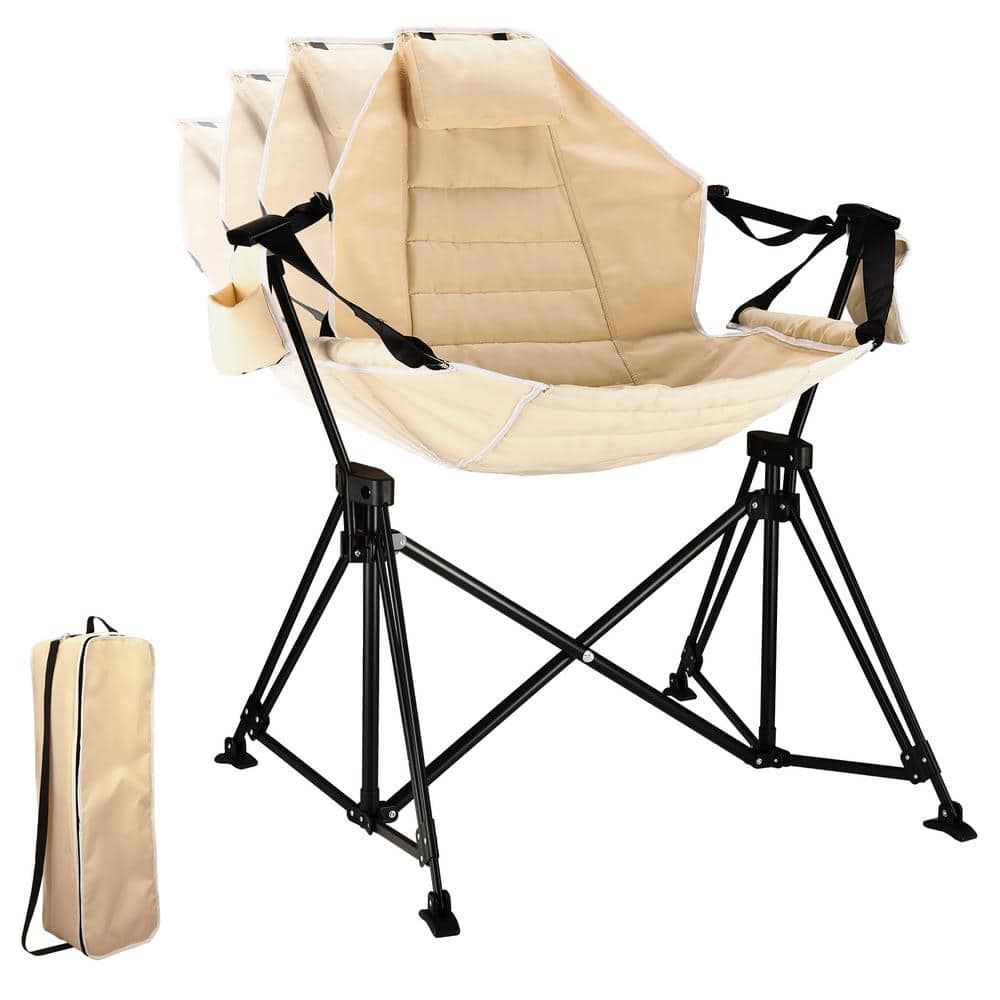 Beige Metal Hammock Camping Chair Folding Portable Outdoor Rocking Chairs f