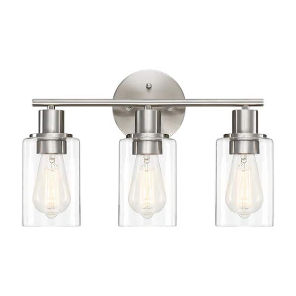17 in. 3-Light Brushed Nickle Bathroom Vanity Light with Clear Glass Shades