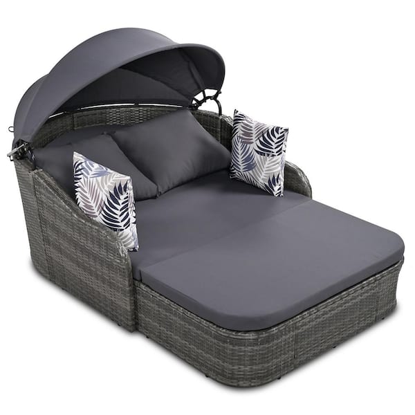 ToolCat Grey Wicker Outdoor Day Bed with Adjustable Canopy and Gray Cushion