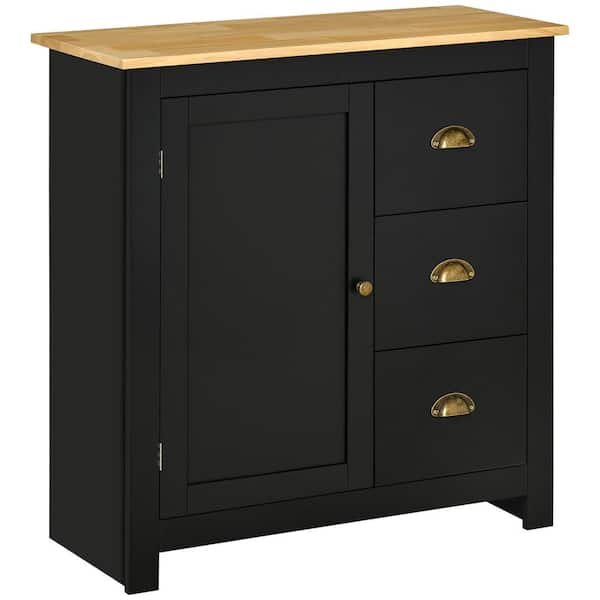 HOMCOM Black Floor Cabinet, Storage Sideboard with Rubberwood Top, 3 Drawers