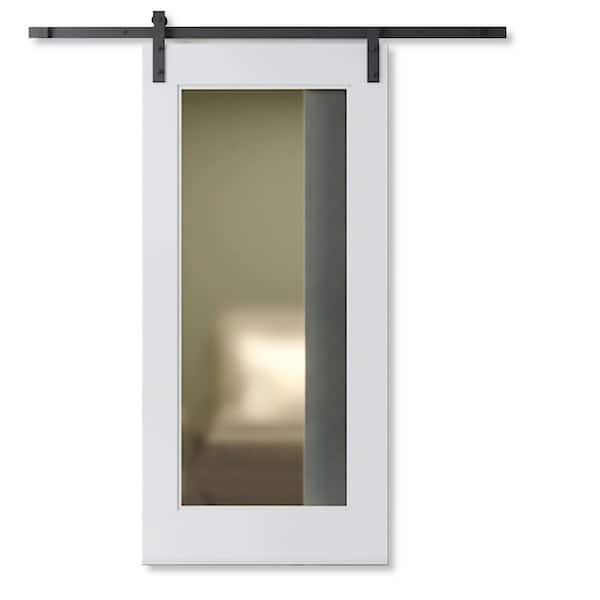 83 in. x 40 in. 1-Panel Frosted Glass, White Wood Barn Door with Solid Core and Hardware Included.