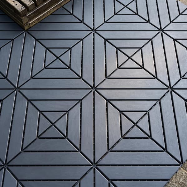 GOGEXX 1 ft. W x 1 ft. L Outdoor Backyard Striped Pattern Square PVC Interlocking Flooring Deck Tiles in Gray(Pack of 44 Tiles)