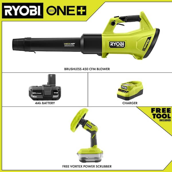 ONE+ HP 18V Brushless 450 CFM Cordless Leaf Blower w/ 4.0 Ah Battery, Charger, & FREE ONE+ 18V Cordless Power Scrubber