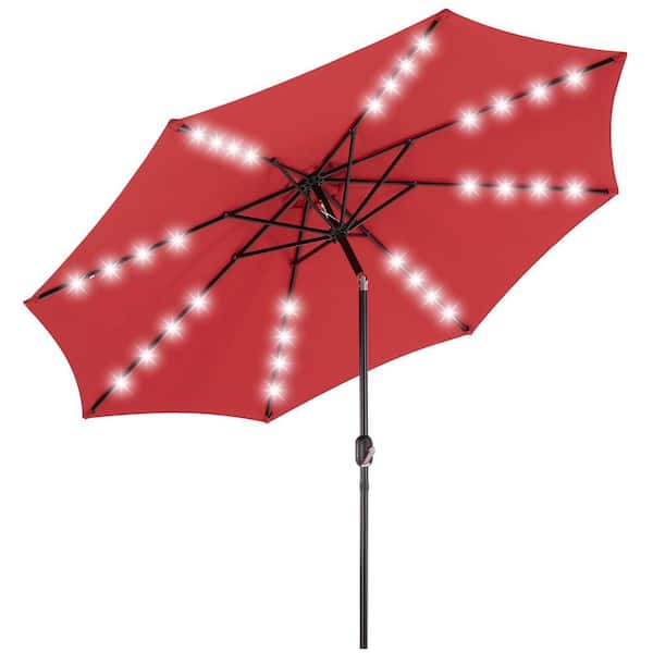 10ft Solar Polyester 32 LED Lighted Patio Umbrella with Tilt Adjustment and UV-Resistant Fabric in Red