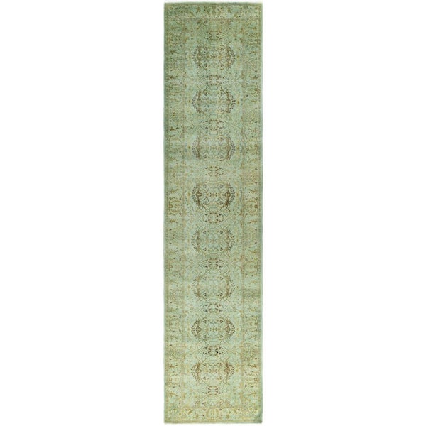 Overdyed Green 3 ft. x 11 ft. Solid Wool Indoor Runner Rug