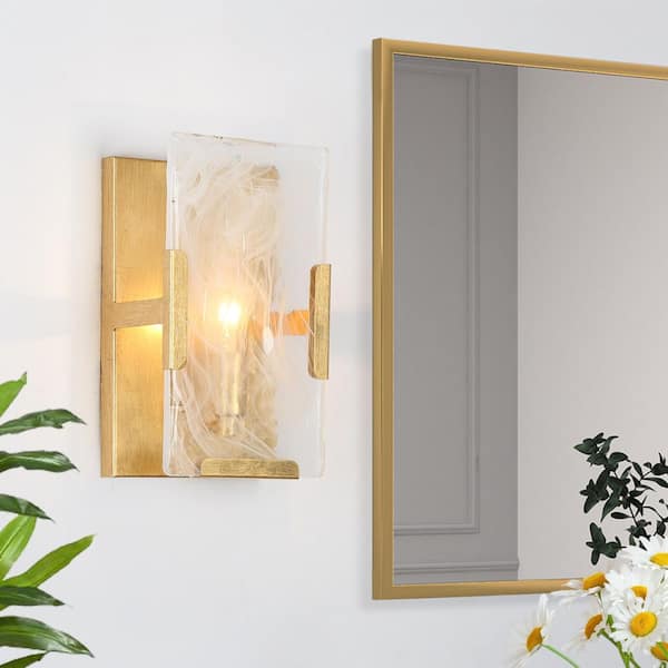 1-Light Antique Gold Leaf Wall Sconce, Rectangle Clouded Glass Bedroom Wall Light, Mid-Century Modern Light Fixture