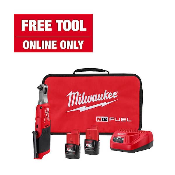 Milwaukee M12 FUEL 12V Lithium-Ion Brushless Cordless High Speed 3/8 in. Ratchet Kit w/(2) Batteries, Charger and Bag