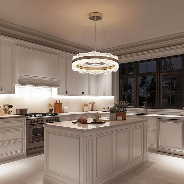 23.6 in. 12-Light Gold and Smoke Gray LED Crystal Drum Chandelier Pendant Light for Dining Room Living Room