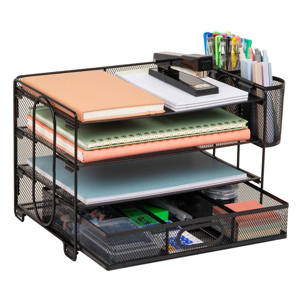 9.25 in. W x 9 in. H Metal Mesh Desk Organizer, 3 Trays, 1 Drawer, 2 Pen Holders, Office Desktop Organizer, Black