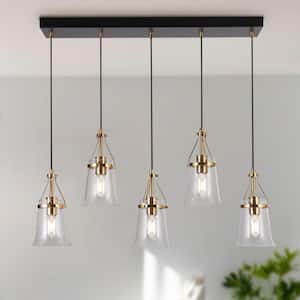 Modern 5-Light Black and Brass Linear Chandelier for Dining Room with Bell Seeded Glass Shades and No Bulb Included