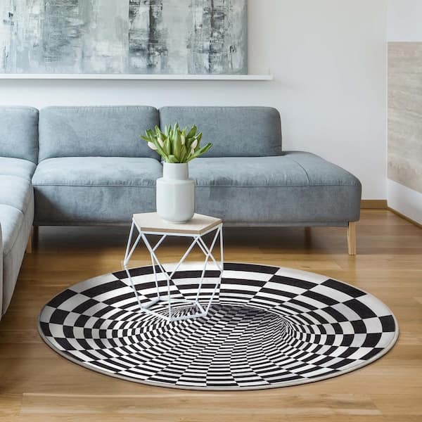 Apollo Vortex Modern Optical Illusion Black Ivory 6 ft. 7 in. Round Area Rug