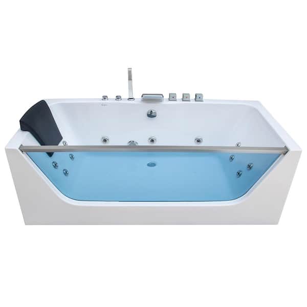 67 in. Acrylic Center Drain Rectangular Alcove Whirlpool Bathtub with LED Lights in White