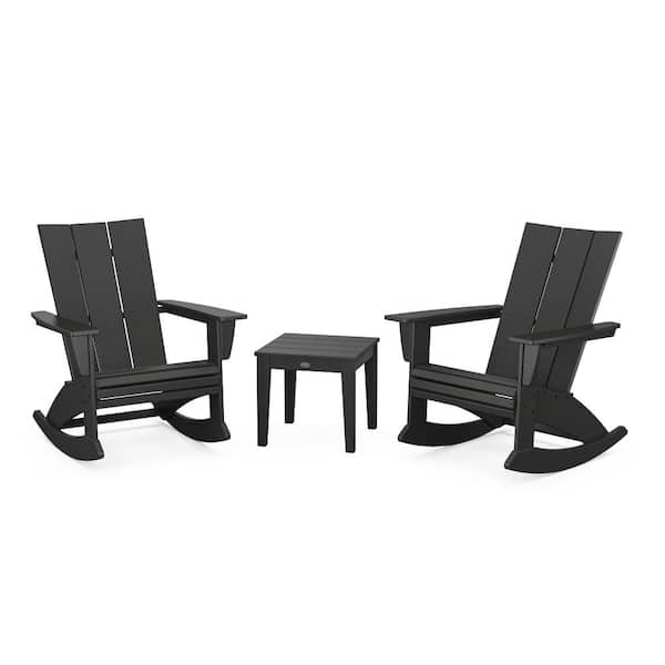 POLYWOOD Modern Curveback Adirondack Rocking Chair Black 3-Piece HDPE Plastic Patio Conversation Set