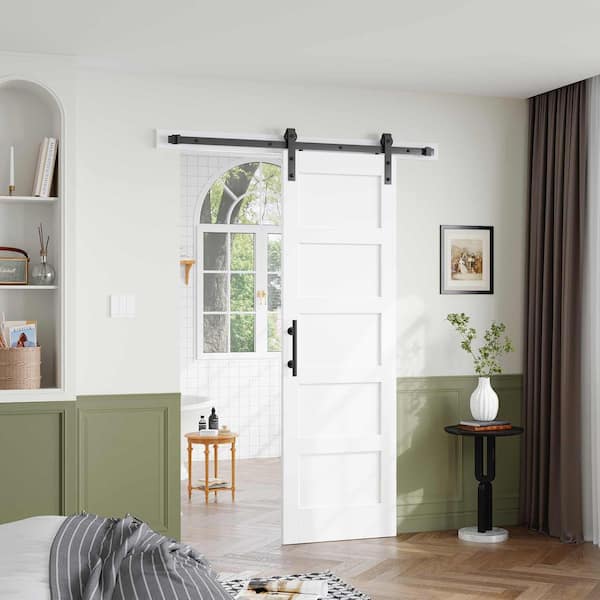 26 in. x 84 in. 5 Lite Manufactured Solid Wood Core White Finished Interior Sliding Barn Door with Hardware Kit