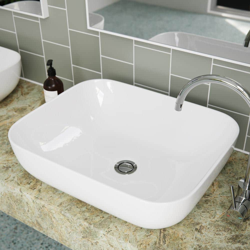 Gloss White Ceramic Rectangular Vessel Bathroom Sink