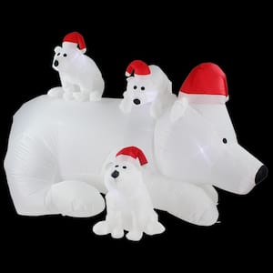 6 ft. L Pre-Lit Built-In LED Polar Bear Mother with 3-Baby Christmas Inflatable with Red Hat