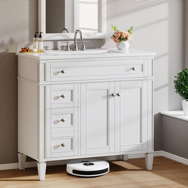 36 in. Single Sink Freestanding White Bath Vanity with White Cultured Marble Top