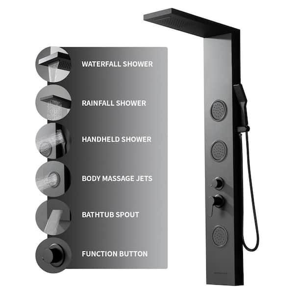 3-Jet Rainfall Shower Panel System with Rainfall Shower Head and Shower Wand in Black