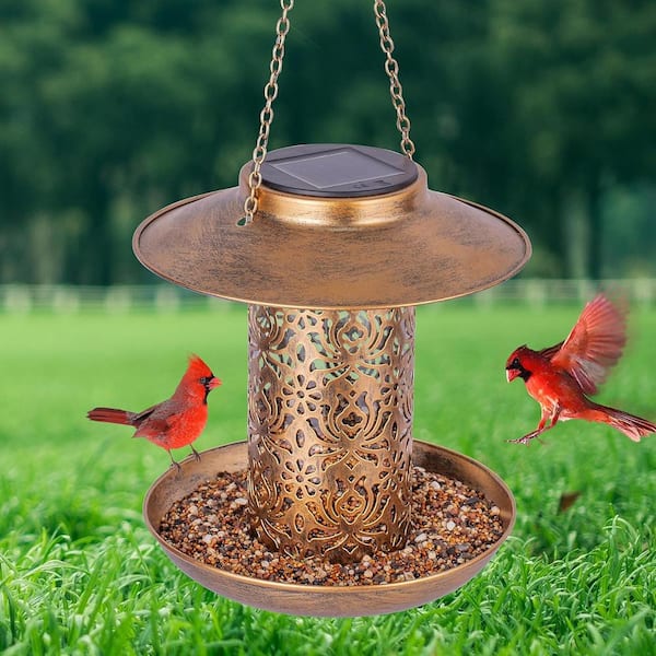 Unbranded - Bronze Metal Water Resistant Solar Bird Feeder with S Hook and Light as Gift Idea for Bird Lover