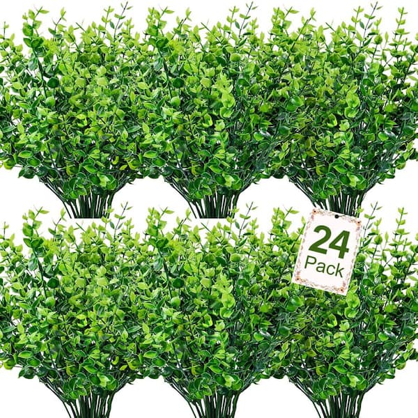 Afoxsos 24 Bundles Artificial Greenery Stems UV Resistant Faux Plastic Boxwood for Outdoor Decor 0.1 in. H