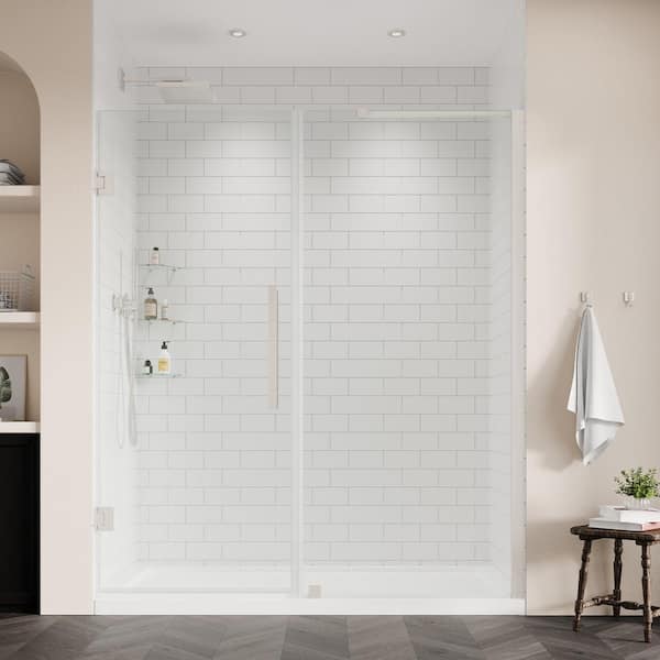 OVE Decors Tampa-Pro 60in. L x 34in. W x 75in. H Alcove Shower Kit w/Pivot Frameless Shower Door in Nickel w/Shelves and Shower Pan