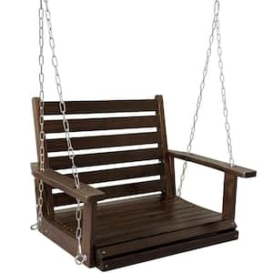 32.2 in. 1-Person Deep Brown Solid Fir Wood Patio Swing with Hanging Chains 7 mm Springs, Heavy-Duty 800 lbs Capacity