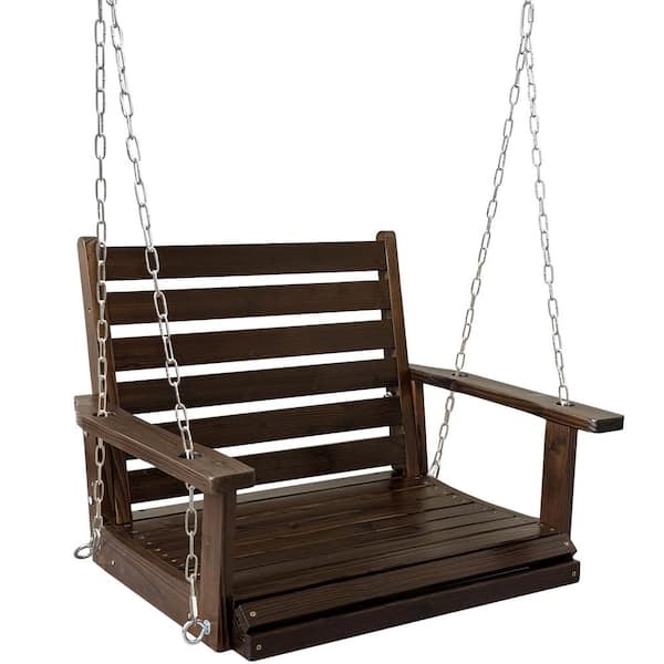 Innovaze 32.2 in. 1-Person Deep Brown Solid Fir Wood Patio Swing with Hanging Chains 7 mm Springs, Heavy-Duty 800 lbs Capacity