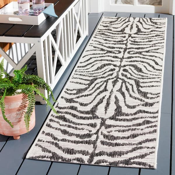 Courtyard Ivory/Black 2 ft. x 8 ft. Zebra Indoor/Outdoor Runner Rug