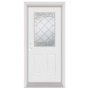 32 in. x 80 in. Art Deco Right-Hand Inswing 1/2 Lite Brass Finished Fiberglass Oak Woodgrain Prehung Front Door