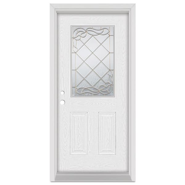 Stanley Doors 36 in. x 80 in. Art Deco Right-Hand Inswing 1/2 Lite Brass Finished Fiberglass Oak Woodgrain Prehung Front Door