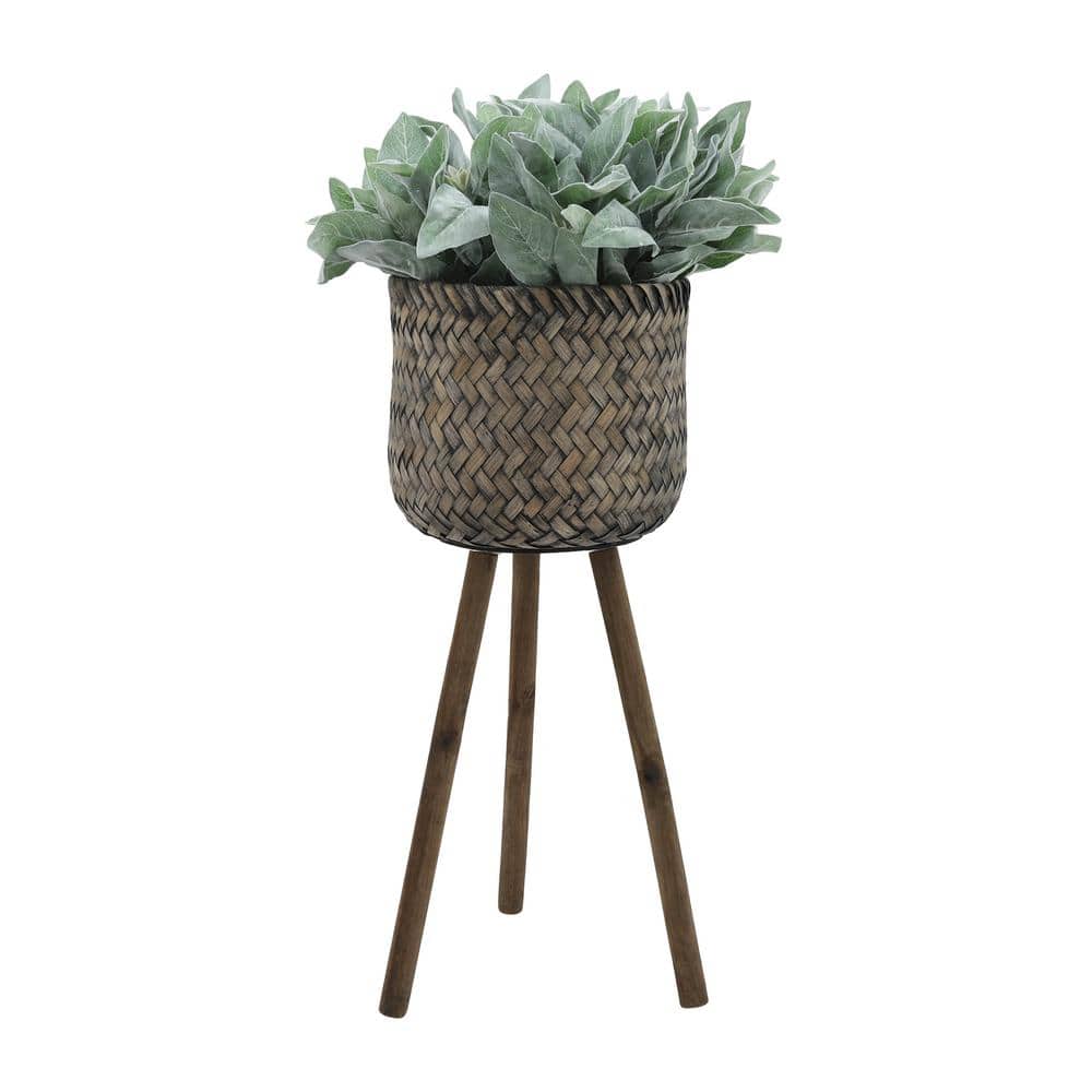Set of 2 Brown and Black Bamboo Planters with Stands