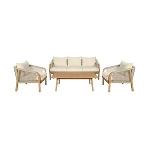 Cypress Brown 4-Piece Eucalyptus Wood Patio Conversation Set with Ivory Cushions