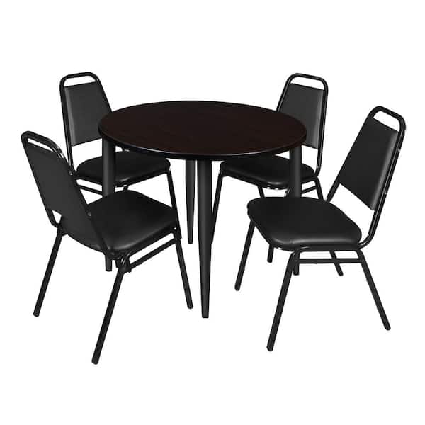 Regency Trueno 36 in. Round Mocha Walnut and Black Wood Breakroom Table and 4-Black Restaurant Stack Chairs (Seats 4)