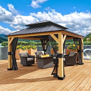 13 ft. x 11 ft. Outdoor Patio Cedar Wood Frame Hardtop Gazebo with Double Galvanized Steel Roof and Mosquito Netting