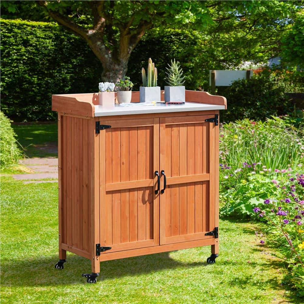 Brown Fir Wood Garden Potting Bench with Metal Tabletop