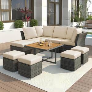 10-Piece Wicker Rattan Outdoor Patio Conversation Furniture Set with Coffee Table, Ottomans and Beige Cushions